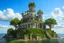 Placeholder: A futuristic ruined gothic building on an island floating over the sea with balconies, verandas, many arches, bridges, spires, paths, trees, dense foliage, spanish moss, ivy, blue sky, white clouds