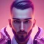 Placeholder: man, cute face, white highlight hair, brown eye, white, skin, purple suits, futuristic, science, purple, blue, pink background lighting, technology, profile, asian boy, square face, eye