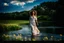 Placeholder: shot from face front green field and wild flower field ,beautiful girl in pretty dress curly hair walking in water toward camera in trees next to wavy river with clear water and nice sands in floor.camera capture from her full body front, spring blosom walking to camera ,camera captures her upper body ,wild flowers moving in the wind ,blue sky,moving pretty clouds ,joy full facet.