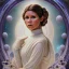 Placeholder: hyperspace background, complete and photo realistic detailed head to waist stunning photo realistic portrait of young carrie fisher as Princess Leia in star wars with photo realistic hairstyle by Mandy Jurgens and mucha and Richard Schmid and chuck close and chie yoshii, extraordinary and detailed ceremony dress of star wars,brown eyes