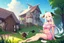 Placeholder: Farm, green grass, house, girl,white hair , sit on grass, cow's tail, cow's horne , cow's under, pink stomach,