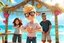 Placeholder: 3D video game characters, a short blonde haired man wearing eyeglasses, t-shirts and jeans at the beach in sunshine, tiki bar, cocktails, hearts, waterfall, happiness