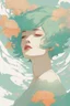 Placeholder: wind blowing from below, portrait of beautiful woman with short green hair, loose lines, flowers, smoke, pastel orange and pastel blue, sense of liberation, concept art, art by james jean, takato yamamoto, 4k, concept art, illustrative