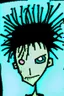 Placeholder: 2d portrait drawing of a stickman, cool with punk hair, x eyes like hangman, close-up, side view bended looking into the camera, smiling,in colour