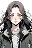 Placeholder: Tokyo Revengers/A girl with long black hair, black eyes, a little pink mouth, wearing a black jacket.