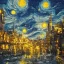 Placeholder: painting of a city in a fantasy starry night photorealistic