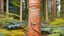 Placeholder: A light rosy orange colored thicket with an arena designed in pacific Northwest totem poles painted by Qiu Ying