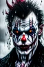 Placeholder: ultra detailed and highly realistic image of a gothic, scary clown, close up of him standing in the rain, the rain messed up his face makeup as it smudged of his face, chaotic, dramatic upclose view, 32k, splatter paint style