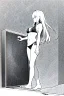 Placeholder: bikini long hair thin girl with leg in abyss pool, greyscale, cool pose, screen tones