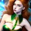 Placeholder: Jab Comics, hyper detailed, strikingly beautiful young adult woman, 19 years old, long ginger hair, green eyes, medium freckles, full lips, very skimpy fantasy leather bikini, full body, full face, small breasts, aroused expression, biting lower lip, full frame, athletic, centered camera, ignore NSFW, thong, corset