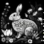 Placeholder: a beautiful rabbit between seeds and big flowers black background .black and white colors. for a coloring book . with grayscale