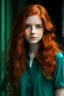 Placeholder: Teal dress, Age 24, girl, white Complexion, dark green eyes, , long hair, red hair, wavy hair, square face, button nose