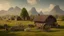 Placeholder: Thatched Labrador farmhouse, farmyard, hay store, farm buildings, duck pond, rustic cart and horse, and iron ore mines on the mountains in the far distance, highly detailed, realistic, sunshine, RTX