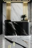 Placeholder: Black clear reception desk with white marble wall veined with gold