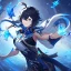 Placeholder: Genshin woman, Clear Focus High resolution, Calm Background, Light skinned woman, Black long beatiful hair, Dark blue sparkling eyes, Very Beatiful Face, Splash art, Battle Scene Epic, Spinning Pose