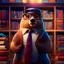 Placeholder: a photograph of a dignified beaver wearing glasses wearing gafas wearing glasses, a vest, and colorful neck tie. He stands next to a tall stack of books in a library, extremly detailed, cinematic, 8k