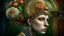 Placeholder: Beautiful humanoid lady wearing lace patterned snail portrait, with extremely textured house adorned with lace beads, black diamonds and leaves orange, green beige. Brown ginger leaves white flowers bioluminescense water drops Organik bio spinal ribbed detail of rococo ornate full floral creative background extremely detailed hyperrealistic maximálist concept art