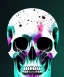 Placeholder: minimal lineart skull. watercolor and ink. broken. particles. black background. teal and magenta