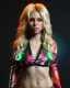 Placeholder: portrait, Shakira, blonde artist, angry, Realistic image, MMA robe, hoodie, mma gloves, loose long hair, eyes, makeup, gold line make up, moisture, sweat, fog, goddess, Neon colors, leds. Black background, photo studio, concept art, smooth, unreal engine 5, god lights, ray tracing, RTX, lumen lighting, ultra detail, volumetric lighting, 3d, finely drawn, high definition, 4k.