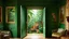 Placeholder: Imagine a rococo-style room in green tones with the walls decorated with paintings of jungle plant and animal motifs, through a half-open door you can see the jungle, and through a window through which a halo of light enters, a panther peeks out.