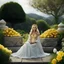 Placeholder: [high res photo by Neil Gaiman] Kristin Chenoweth as ostara in American gods (2017) the goddess of Easter peacefully sits on a stone in her garden, surrounded by gold flowers coming from Nicolas de Staël's dreams