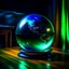 Placeholder: an earth globe looking like a crystal ball on a cushion in a dark room, dark green and blue colors, fantasy atmosphere, photo quality