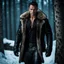 Placeholder: Handsome and muscular 30 year old mountain man wearing furry leather jacket, dark fantasy, snowy forest