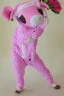 Placeholder: Portrait of A cute cow dressed in a onezy pajama outfit. The onezy has pink polka dots on and is thick and cozy. She has a flower in her hair. 3d