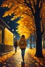 Placeholder: night yellow lights over the street trees autumn leaves under feet ,a Student adult girl with books in her hand walking in street turned back to talk to a boy walks after her few meters away her back