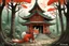 Placeholder: yokai, kitsune, japanese kimone, temple, forest