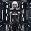 Placeholder: beautiful caucasian half cyborg woman, black metal body and limbs, chrome details, anorexic figure, blond bob haircut