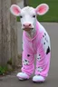 Placeholder: A cute cow dressed in a onezy pajama outfit. The onezy has pink polka dots on and is thick and cozy. She has a flower in her hair