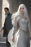 Placeholder: Woman with white hair wearing a white dress, walking down a sunlit stone hall, AND a handsome man in the background lurking in the shadows with long black hair