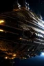 Placeholder: Planet Princess, Huge dilapidated military space warship, futuristic, long, symmetrical, in orbit, hyper realistic, detailed, tough, menacing, cinematic lighting