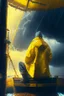 Placeholder: portrait of dead seafarer sitting in yellow raincoat on deck of enormous living wooden ship, storm clouds, lightening, volumetric light,depth of field, fantasy art, 4k, highly detailed, sunbeam