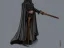 Placeholder: Tall Wizard, dark broody, long staff in hand, grey cloak, photorealistic