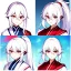 Placeholder: Clear focus, 8k, beautiful lighting, vibrant colors, girl, white hair, long hair, vibrant red eyes, ponytail, same twins, white hair, red eyes, same clothes, miko, hair in between the eyes,