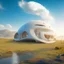 Placeholder: House on the hills, futuristic, minimalist architecture, concept art, 3D art, oval and round shape, finely detailed, cinematic lighting, hot weather, cream blue sky, hyper realistic, 4k