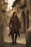 Placeholder: male human rogue adventurer in a medieval city