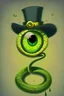 Placeholder: A yellow and green snake with a top hat, big cartoon style eye, one eye is replaced with a cross. Like the eye has been lost