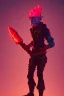 Placeholder: goblin holding an axe in a neon red city in a steampunk style