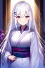 Placeholder: girl, masterpiece, best quality, cinematic lighting, detailed outfit, vibrant colors, perfect eyes, white hair, purple eyes, long hair, kimono, indoors, light rays, hairclip, smile,