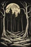 Placeholder: Eerie cartoon-style, background, dark, forest, moon lighting, trees, haunted, scary