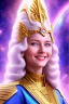 Placeholder: young cosmic woman admiral from the future, one fine whole face, large cosmic forehead, crystalline skin, expressive blue eyes, blue hair, smiling lips, very nice smile, costume pleiadian,rainbow ufo Beautiful tall woman pleiadian Galactic commander, ship, perfect datailed golden galactic suit, high rank, long blond hair, hand whit five perfect detailed finger, amazing big blue eyes, smilling mouth, high drfinition lips, cosmic happiness, bright colors, blue, pink, gold, jewels, realistic, real