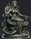 Placeholder: full-length, detailed persona, sword in hand, gorgon medusa, sitting on a throne in a relaxed pose