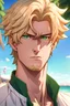 Placeholder: The handsome and perfect portrait is on Spruce Street, anime, blonde-haired and green-eyed male character on the beach for the magazine, 8K resolution, high quality, ultra graphics, and detailed with lines.