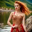 Placeholder: pretty dream houses in rocky mountain in wavy sea side,18 years old cute and adorable polish model standing on the rocksextremely detailed beautiful face, in hot colors adorned sapphire and gold one strap dress, wearing sexy in fashion sfilate decorated, elegant wavy hair, porcelain pale skin, shiny red lips, bright red hair, front face, right side look, beautiful smile look camera, sexy detailed elegant dress, the lens is in the left corner, ultra focu