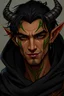 Placeholder: Adult Male tiefling. Tan skin. Black hair. Green tribal markings on the skin. Black cloak. Slight smile.