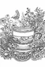 Placeholder: Outline art for coloring page, AVANT GARDE DRAWING TEACUP SET IN A GARDEN, coloring page, white background, Sketch style, only use outline, clean line art, white background, no shadows, no shading, no color, clear