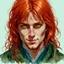 Placeholder: dnd, fantasy, watercolour, stylistic, portrait, illustration, dull colours, male, face, narrow face, weathered face, green eyes, determined, happy, red hair, very long hair streaming down the shoulders, radiating light, five o'clock shadow